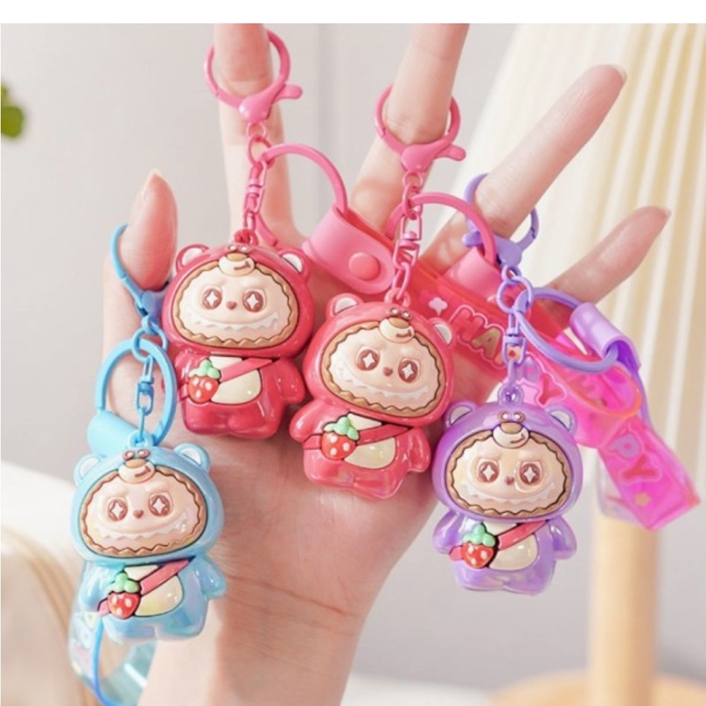 NWT! Labubu Strawberry Dark Pink Bear Cute Pink Bear Keychain - Picture 2 of 4